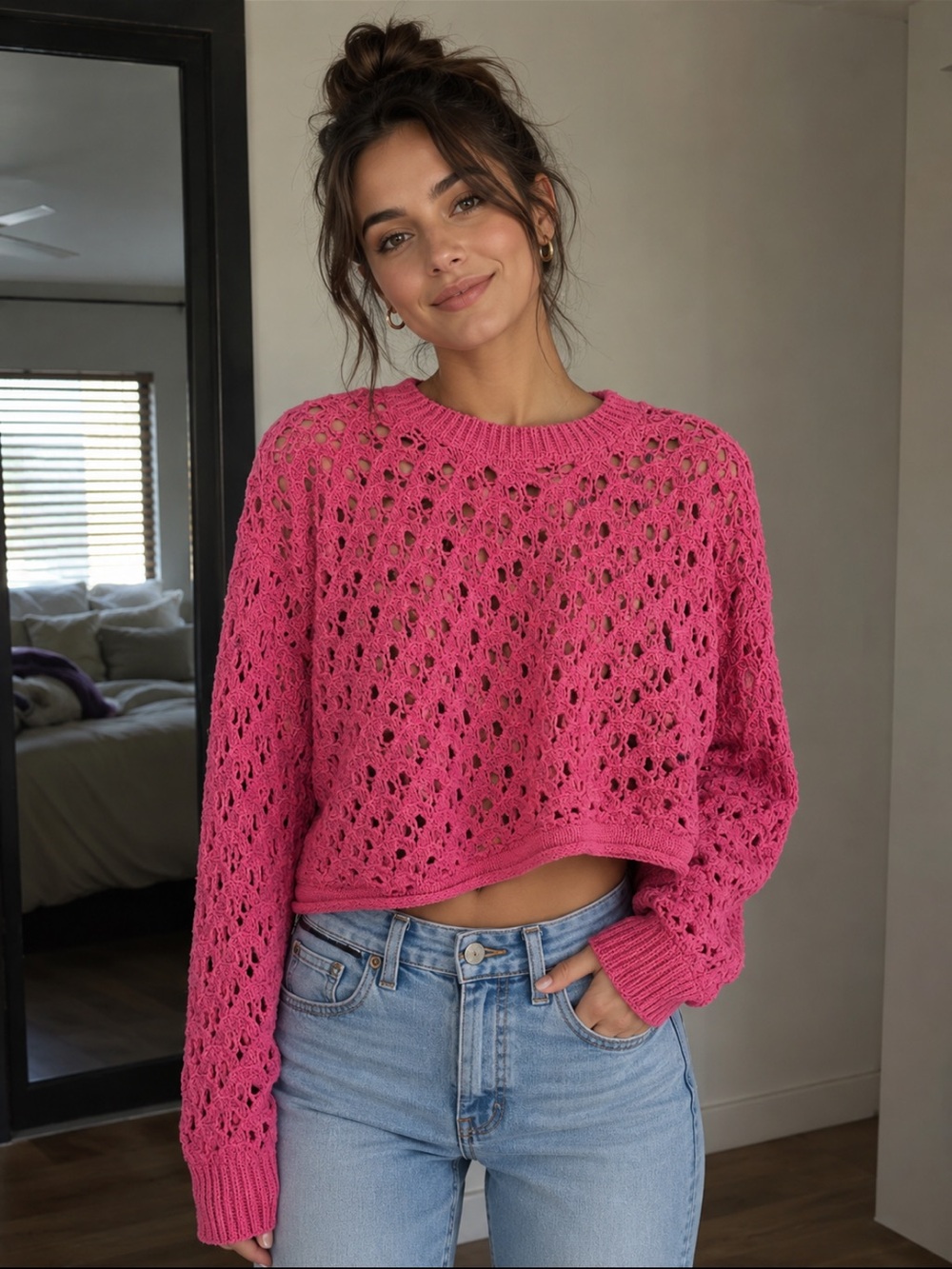 Zenana Outfitters Hot Pink Open-Knit Cropped Crew Sweater